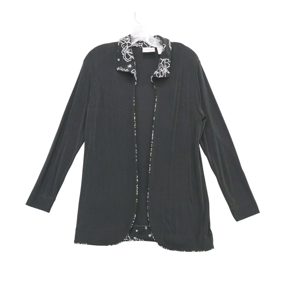 Chico's Travelers Open Front Cardigan Black White Floral Trim Size 0